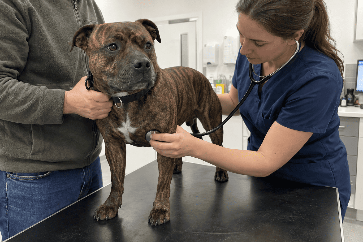 Veterinár vyšetruje psa a počúva jeho dýchanie